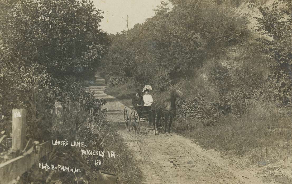 scenic, Waverly, IA, dirt road, history of Iowa, Meyer, Sarah, Animals, Iowa, horse carriage, correct date needed, Leisure, dress clothes, horse, Iowa History, fedora, Portraits - Group, large decorated hat