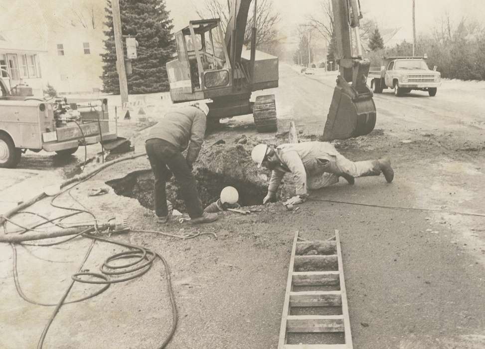 tractor, Iowa History, Iowa, Motorized Vehicles, Waverly Public Library, Labor and Occupations, construction crew, truck, worker, Waverly, IA, history of Iowa, backhoe, construction