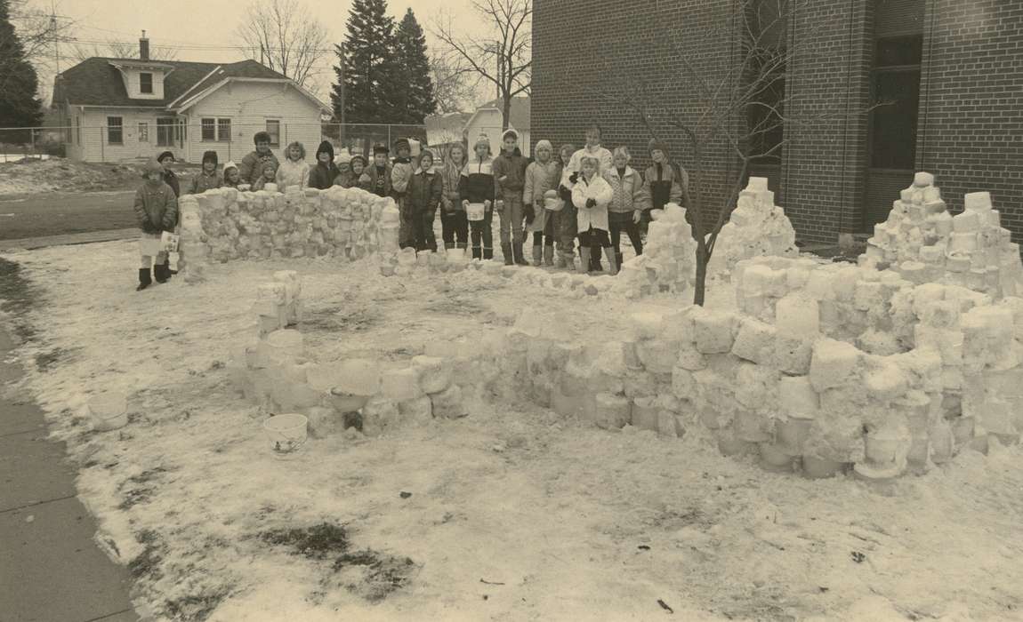 Portraits - Group, Waverly Public Library, history of Iowa, Iowa History, Entertainment, Winter, Waverly, IA, Iowa, Outdoor Recreation, Schools and Education, castle, Children, Leisure, snow fort