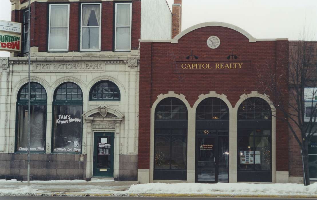 Main Streets & Town Squares, history of Iowa, Iowa History, window, Businesses and Factories, architecture, sidewalk, Iowa, correct date needed, Cities and Towns, snow, Waverly Public Library