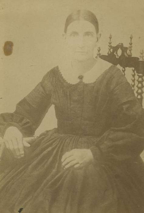 Iowa, woman, chair, hoop skirt, Olsson, Ann and Jons, Portraits - Individual, history of Iowa, Cedar Falls, IA, lace collar, brooch, cabinet photo, dropped shoulder seams, Iowa History