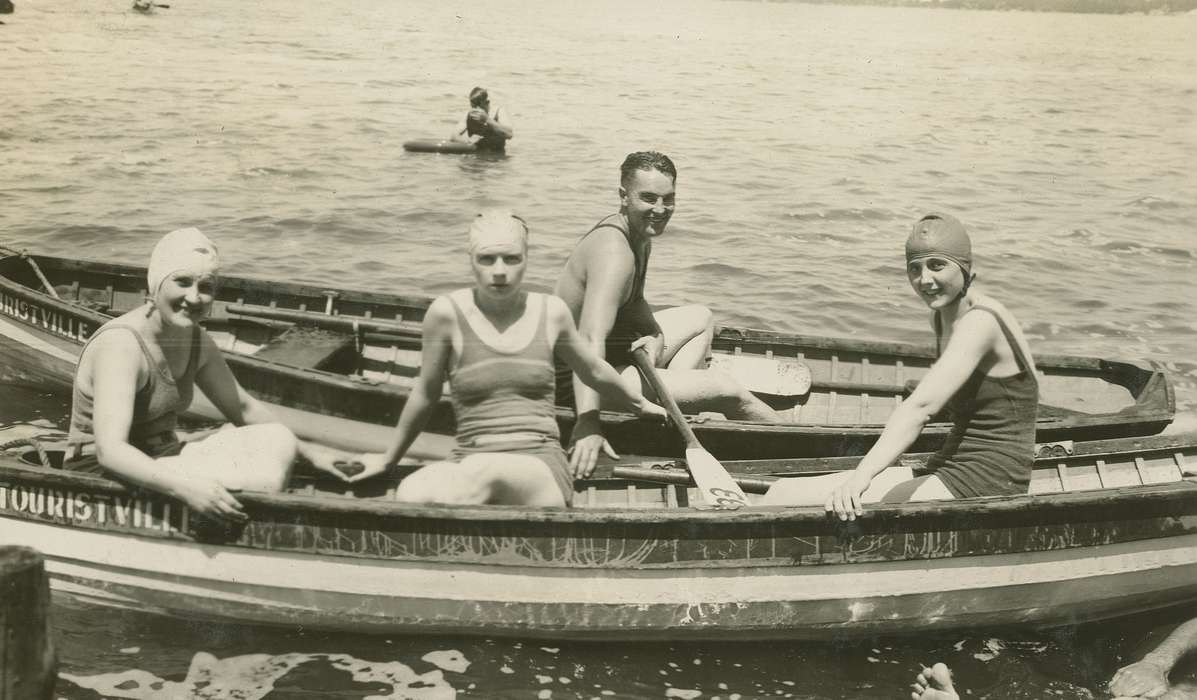 lake, Clear Lake, IA, history of Iowa, McMurray, Doug, boat, Iowa, Lakes, Rivers, and Streams, bathing cap, Leisure, Iowa History, Outdoor Recreation, Portraits - Group, bathing suit