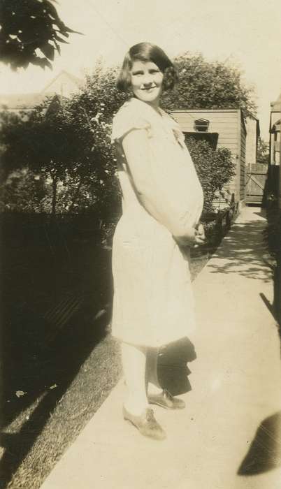 gate, history of Iowa, Iowa History, heels, backyard, USA, Wilson, Dorothy, Iowa, pregnant, curly bob, Homes, dress, Portraits - Individual