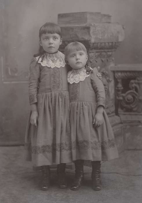 Portraits - Group, history of Iowa, Iowa History, girl, sisters, Olsson, Ann and Jons, high buttoned shoes, lace collar, siblings, cabinet photo, Iowa, painted backdrop, Children, Sumner, IA