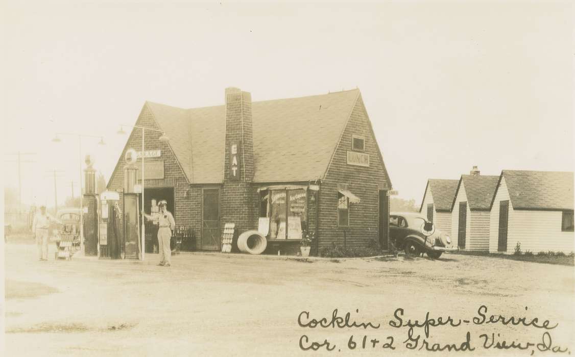 Businesses and Factories, Cities and Towns, Iowa History, Grandview, IA, Iowa, gas station, Dean, Shirley, history of Iowa