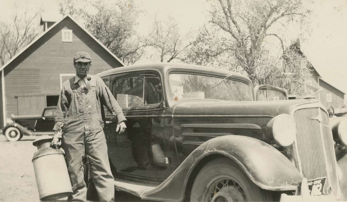 pipe, milk can, history of Iowa, IA, Labor and Occupations, Clark, Paula, Iowa History, Motorized Vehicles, Barns, car, Iowa, Farms, Portraits - Individual