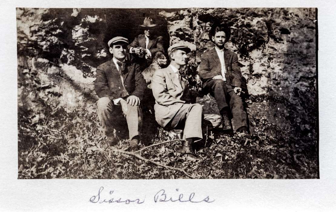 Portraits - Group, men, cave, history of Iowa, Iowa History, Animals, Anamosa Library & Learning Center, Iowa, Outdoor Recreation, Anamosa, IA, dog