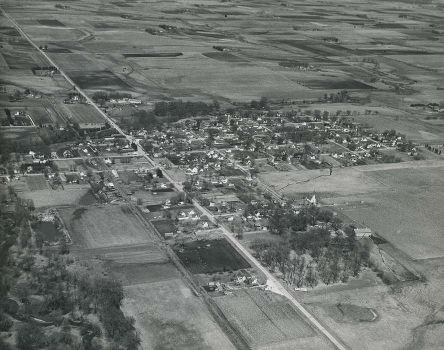 history of Iowa, Iowa History, road, field, building, Aerial Shots, Iowa, tree, correct date needed, Waverly Public Library, Denver, IA