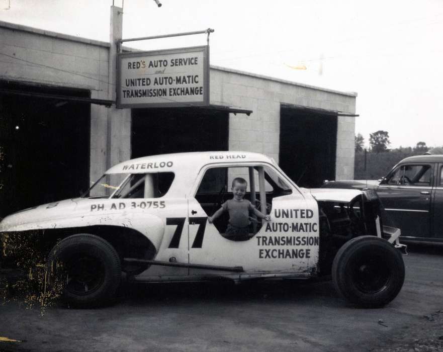racecar, history of Iowa, Iowa History, Motorized Vehicles, Businesses and Factories, Volgarino, Jim, car, Iowa, Waterloo, IA, Children, Portraits - Individual