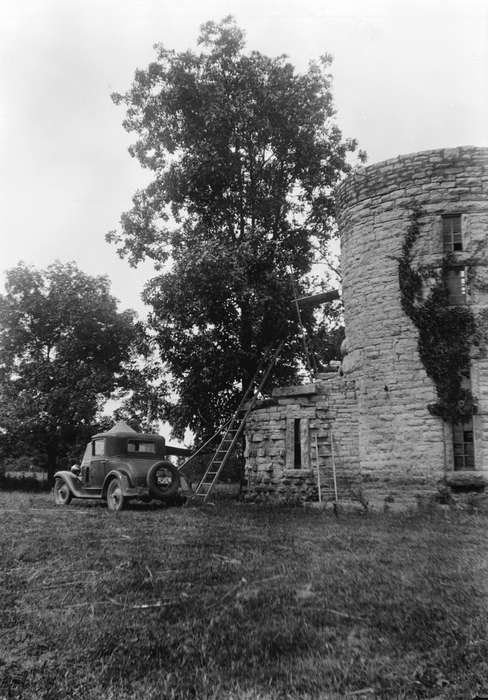 history of Iowa, Iowa History, Lemberger, LeAnn, Motorized Vehicles, tower, car, building, Iowa, stone, tree, Stone City, IA, Homes, ladder, stone city art colony