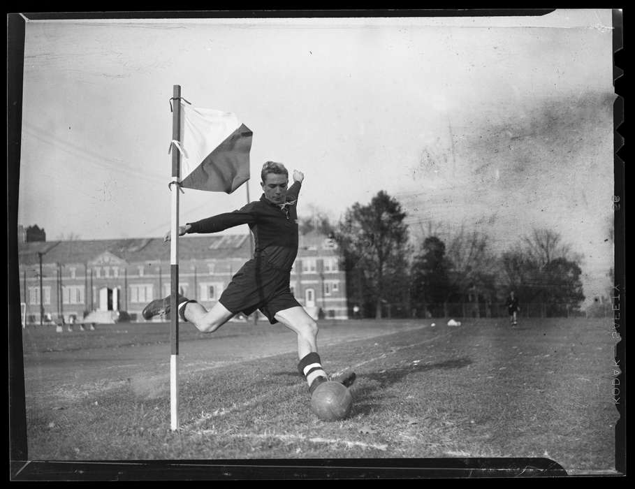 flag, history of Iowa, Iowa History, soccer, Storrs, CT, Archives & Special Collections, University of Connecticut Library, Iowa, corner kick