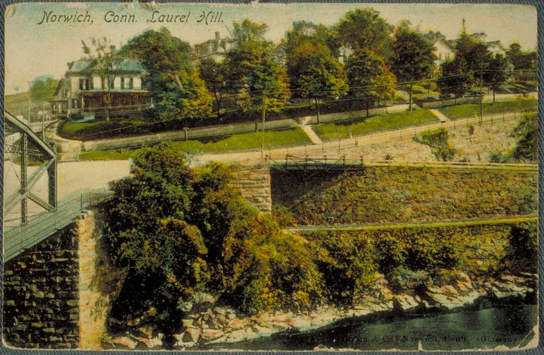 history of Iowa, colorized, bridge, Iowa, house, Norwich, CT, river, Iowa History, tree, Archives & Special Collections, University of Connecticut Library