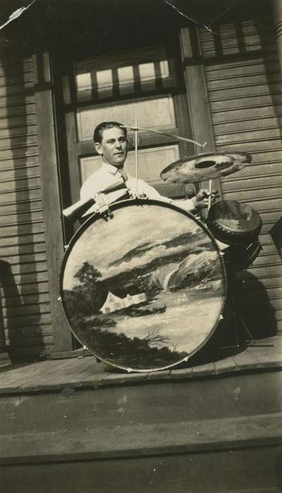 history of Iowa, Iowa History, front porch, drum, drumset, front door, Wilson, Dorothy, Iowa, porch, USA, Leisure, Portraits - Individual
