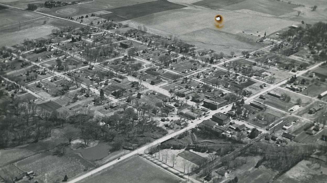 field, history of Iowa, Waverly Public Library, Iowa, Denver, IA, Aerial Shots, road, building, Iowa History, correct date needed, tree