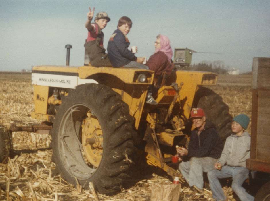 Portraits - Group, peace sign, tractor, Iowa History, Iowa, Farms, Palmer, IA, Aden, Marilyn, Farming Equipment, history of Iowa, cornstalk, Children, Food and Meals