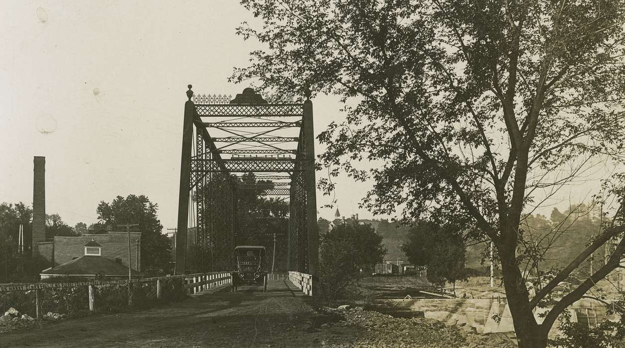 Landscapes, Iowa, car, history of Iowa, bridge, Anamosa, IA, Hatcher, Cecilia, tree, Motorized Vehicles, Iowa History