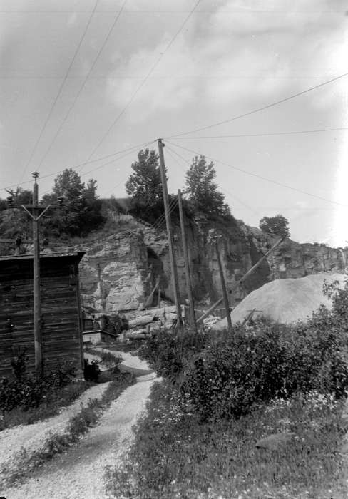cabin, history of Iowa, Iowa History, Lemberger, LeAnn, path, rock, quarry, Iowa, Landscapes, Stone City, IA, power lines, mountain, stone city art colony, project site