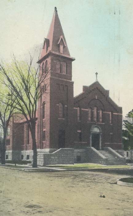history of Iowa, Religious Structures, Cities and Towns, Iowa History, Meyer, Sarah, sidewalks, brick building, Waverly, IA, dirt road, Iowa, Landscapes, church, steps