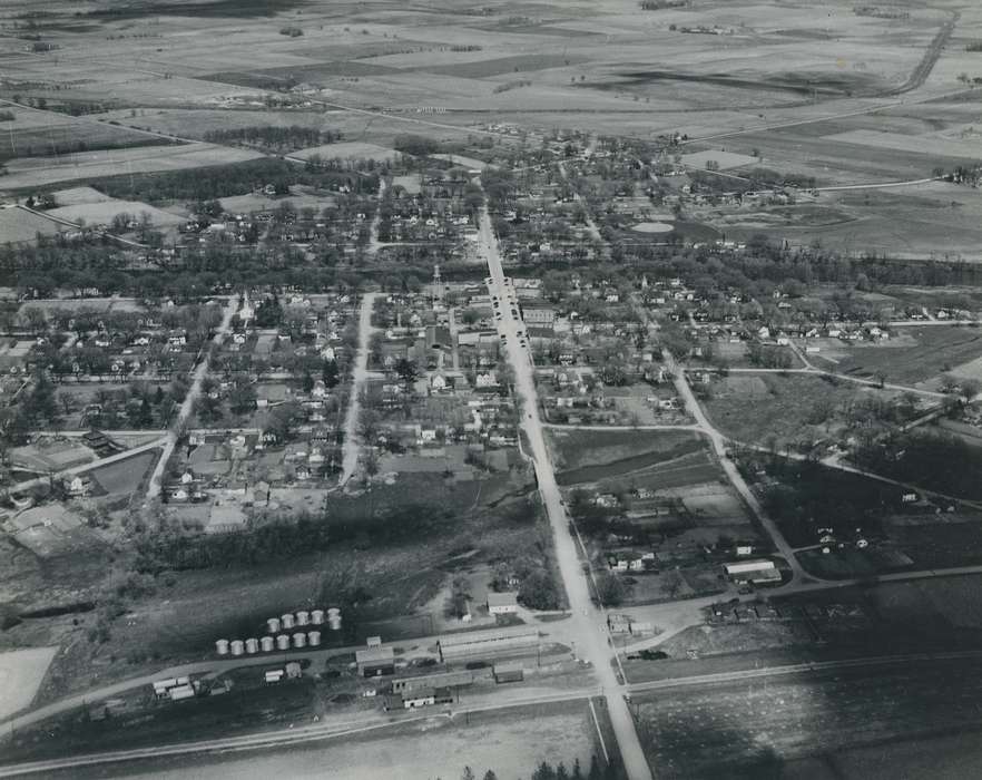 Aerial Shots, history of Iowa, Iowa, field, correct date needed, building, Waverly Public Library, Shell Rock, IA, Iowa History, tree, road