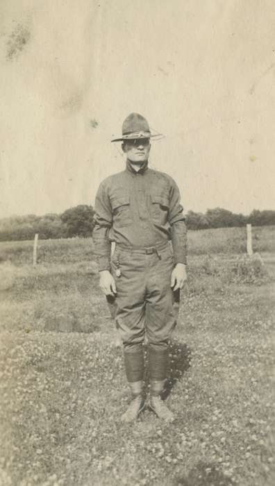 Military and Veterans, history of Iowa, uniform, wwi, military, Portraits - Individual, Mortenson, Jill, Iowa History, training, Iowa, Camp Dodge, IA, campaign hat