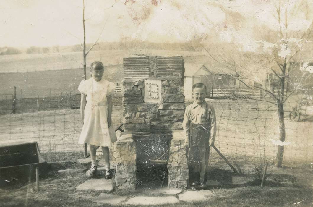 Portraits - Group, fence, history of Iowa, Iowa History, girl, fireplace, Iowa, boy, Farms, Dubuque County, IA, Children, Fredericks, Robert