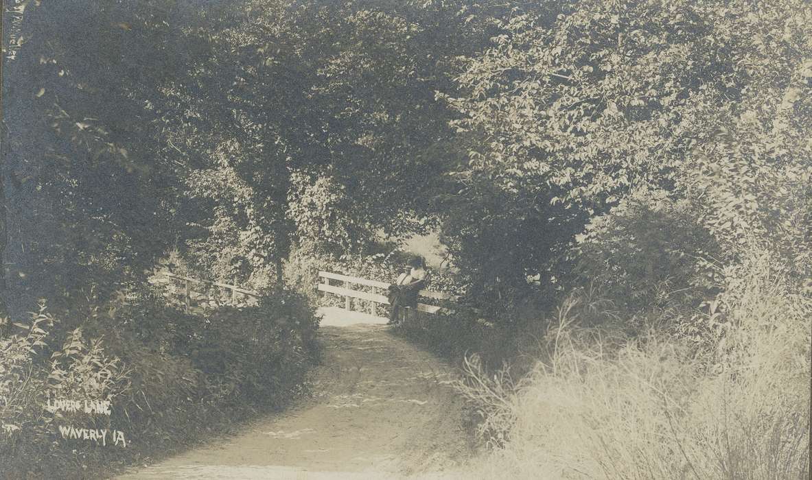 Iowa History, Leisure, couple, Iowa, trees, dirt road, history of Iowa, Portraits - Group, Meyer, Sarah, bridge, Waverly, IA, wooden fence