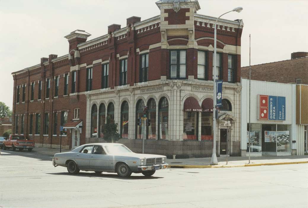 Main Streets & Town Squares, history of Iowa, cars, Iowa History, trucks, Motorized Vehicles, Businesses and Factories, Waverly, IA, Iowa, Cities and Towns, domino's, pizza, Food and Meals, Waverly Public Library, bank