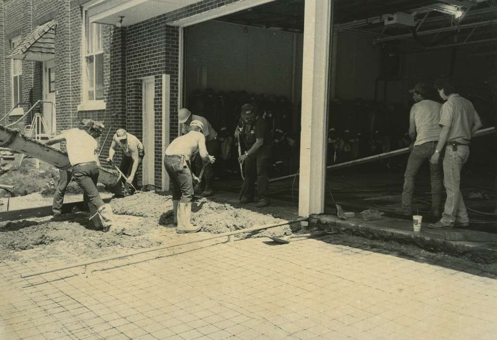 Main Streets & Town Squares, fire department, history of Iowa, Iowa History, Waverly Public Library, driveway, Iowa, Cities and Towns, cement, construction crew, Labor and Occupations