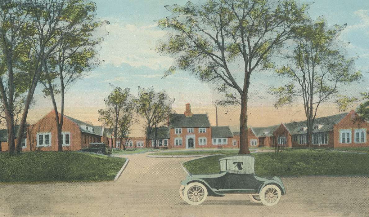 history of Iowa, Iowa History, automobile, postcard, Iowa, Cities and Towns, Schools and Education, Hospitals, Shaulis, Gary