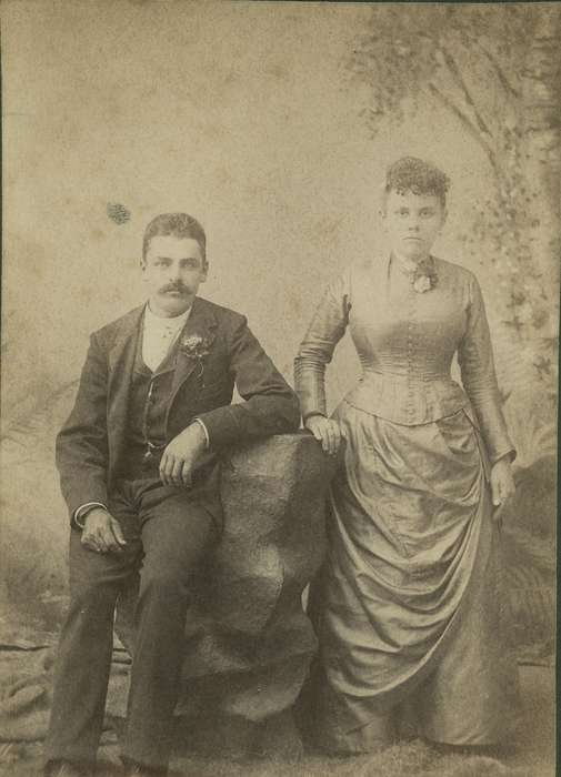 Portraits - Group, sack coat, cabinet photo, Iowa, couple, watch chain, watch, Dunlap, IA, Olsson, Ann and Jons, frizzy bangs, history of Iowa, corsage, Iowa History, marriage