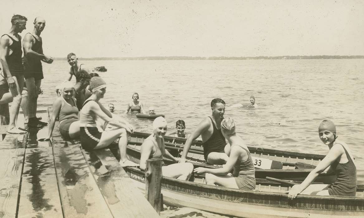 Portraits - Group, Iowa, dock, bathing cap, bathing suit, Leisure, swimmer, boat, swimsuit, McMurray, Doug, Lakes, Rivers, and Streams, lake, Clear Lake, IA, history of Iowa, Iowa History