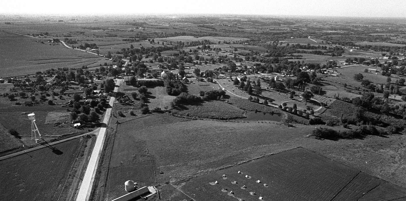 history of Iowa, Iowa History, Lemberger, LeAnn, field, water tower, Aerial Shots, Iowa, Cities and Towns, Farms, Kirkville, IA