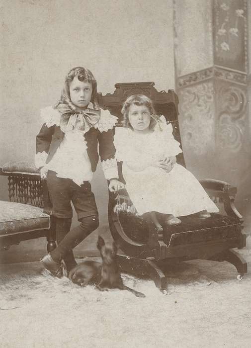 Portraits - Group, dog, history of Iowa, Iowa History, Families, children, girl, ribbon, Olsson, Ann and Jons, Wilton, IA, siblings, cabinet photo, Iowa, boy, painted backdrop, Children, little lord fauntleroy suit