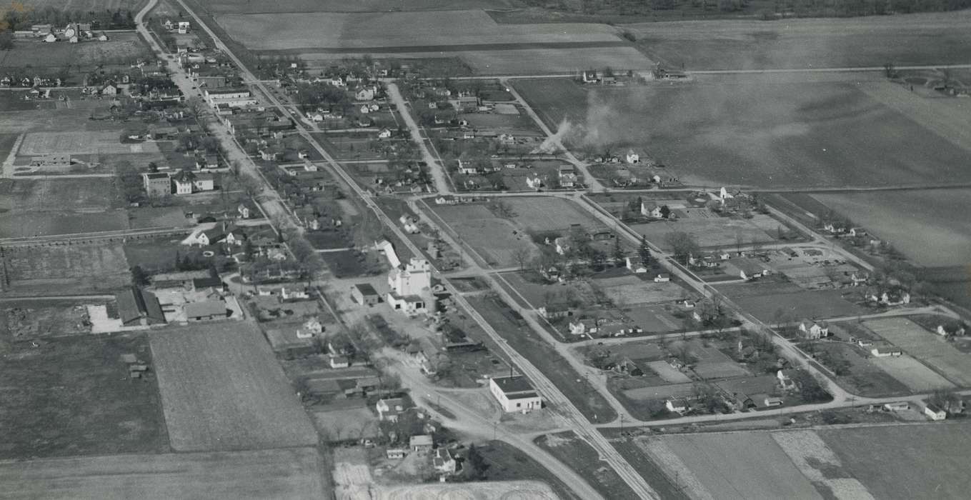 field, history of Iowa, Plainfield, IA, Waverly Public Library, Iowa, Aerial Shots, road, building, Iowa History, correct date needed, tree