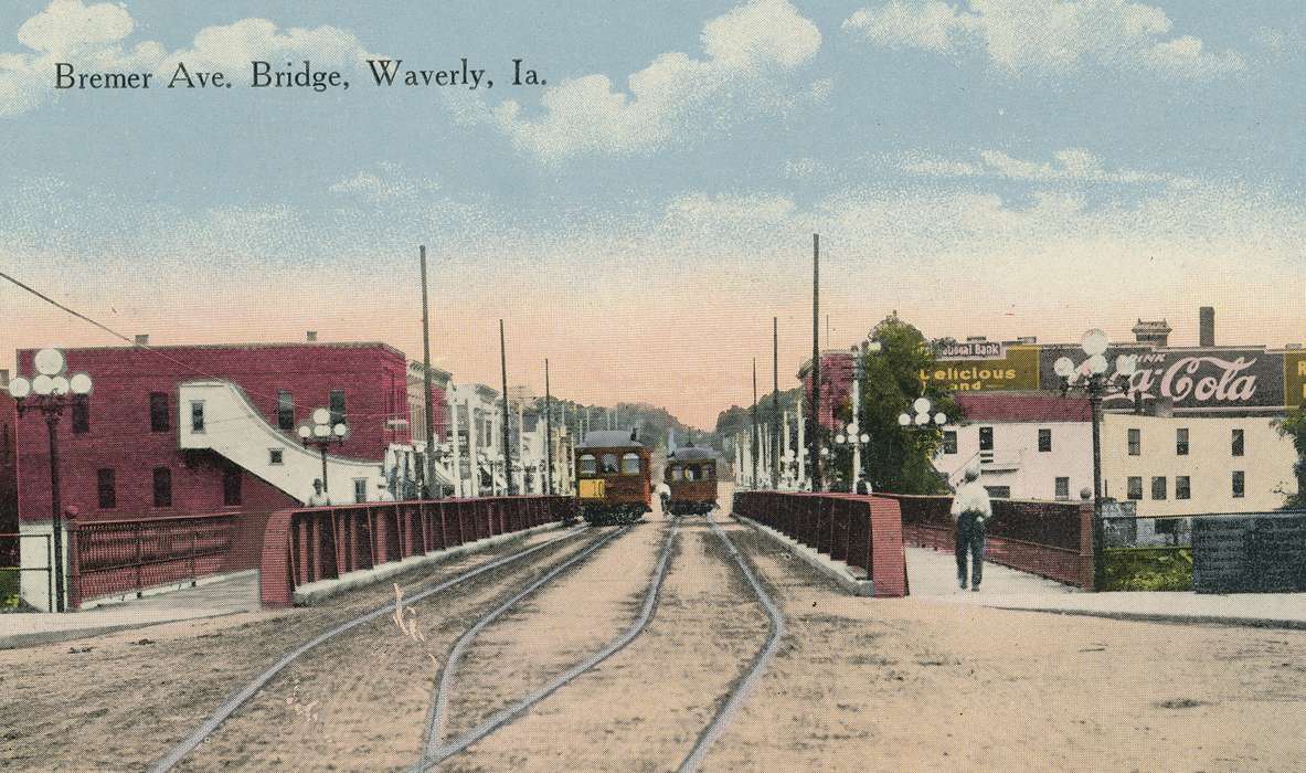 train tracks, Main Streets & Town Squares, main street, bridge, coca cola, Iowa History, history of Iowa, Meyer, Sarah, Motorized Vehicles, Businesses and Factories, Waverly, IA, trolley, Iowa, Cities and Towns, correct date needed
