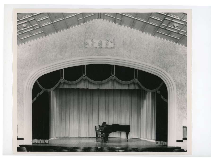 Cedar Falls, IA, history of Iowa, stage, Iowa History, uni, iowa state normal school, old gilchrist, UNI Special Collections & University Archives, Iowa, piano, Schools and Education, university of northern iowa