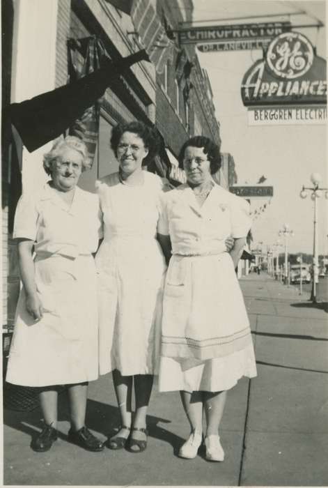 Portraits - Group, Main Streets & Town Squares, history of Iowa, Iowa History, waitress, Webster, IA, Businesses and Factories, sidewalk, McCllough, Connie, cafe, Iowa, Cities and Towns, appliance, restaurant, Labor and Occupations
