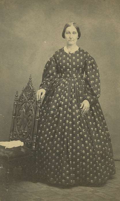 Iowa, Indianapolis, IN, bishop sleeves, chair, hoop skirt, Donner, Tracy, history of Iowa, Portraits - Individual, dress, lace collar, brooch, dropped shoulder seams, Iowa History