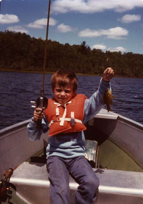 Outdoor Recreation, boy, fish, IA, Iowa, Leisure, Children, boat, Olsson, Ann and Jons, Portraits - Individual, fishing, history of Iowa, Iowa History