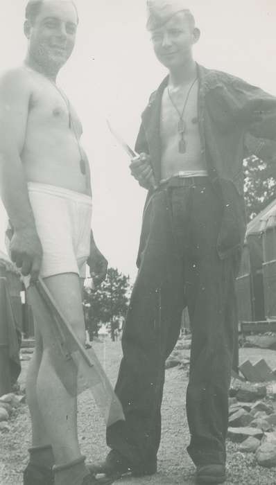 Portraits - Group, Military and Veterans, Travel, wwii, Campopiano Von Klimo, Melinda, history of Iowa, Iowa History, knife, Monroe, NC, world war ii, underwear, Iowa, silly, dog tag