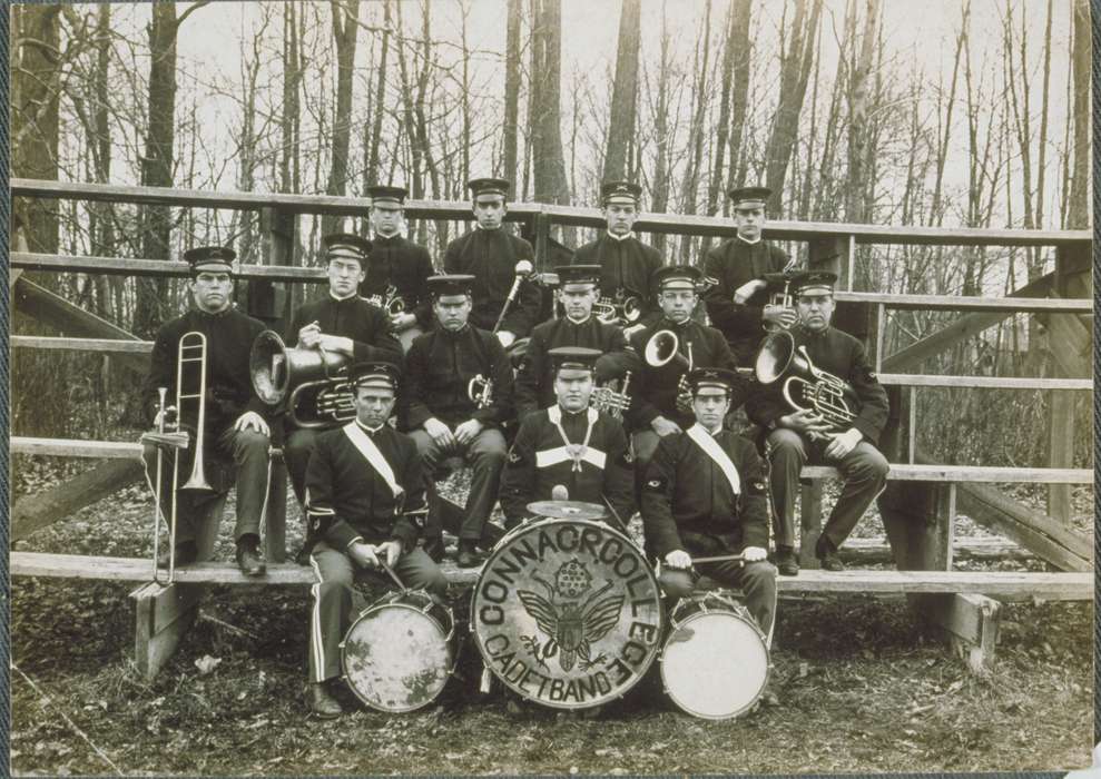 drum, bleacher, euphonium, trombone, tuba, uniform, men, Storrs, CT, history of Iowa, Iowa, bass drum, instrument, band, Iowa History, Archives & Special Collections, University of Connecticut Library