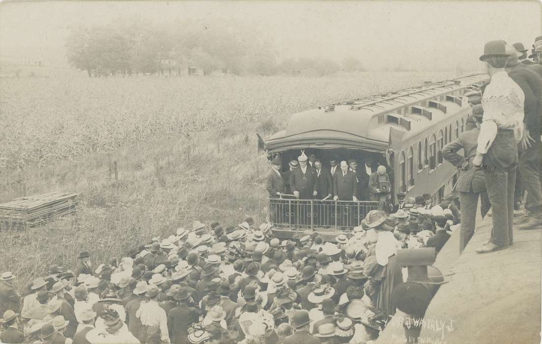 hats, Travel, Iowa, Waverly Public Library, crowd, president, train cars, suits, Waverly, IA, Civic Engagement, history of Iowa, Motorized Vehicles, Iowa History, taft