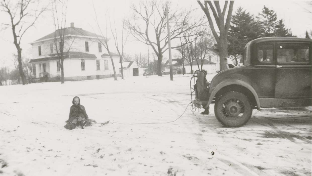 Portraits - Individual, car, Iowa History, Bode, IA, Iowa, Motorized Vehicles, Ostrum (Bratland), Arlene, snow, Farms, Outdoor Recreation, sled, Homes, Children, history of Iowa, Winter