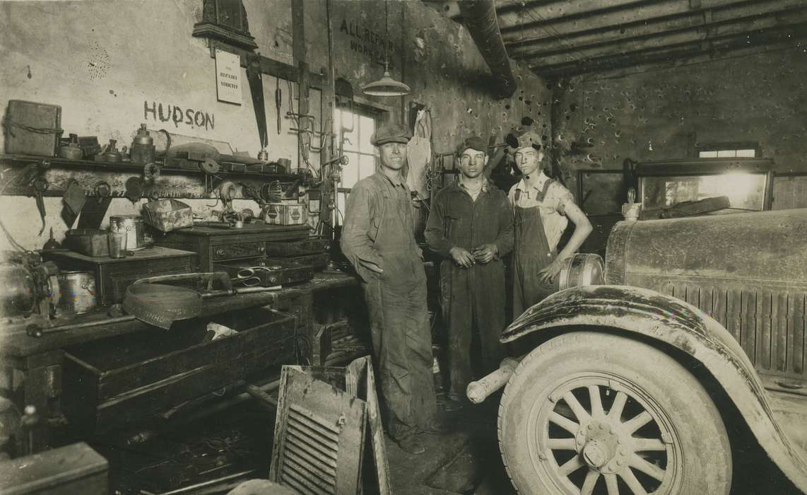 history of Iowa, Iowa History, Motorized Vehicles, repair shop, car, overalls, Dean, Shirley, Iowa, Grandview, IA