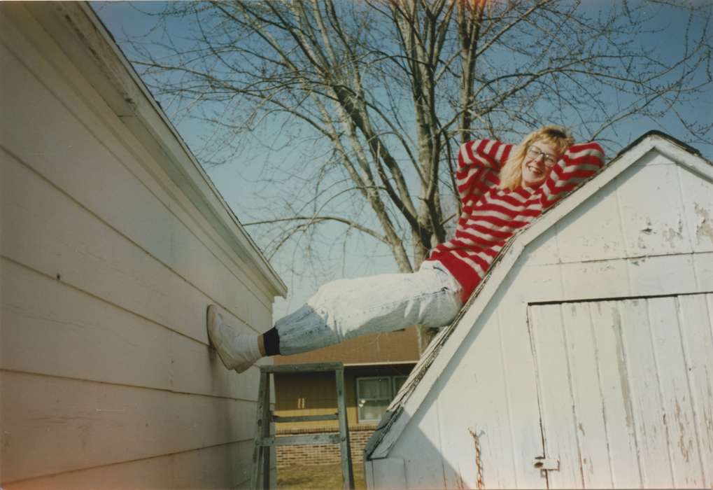 outdoors, Clark, Paula, silly, Iowa, woman, shed, Pocahontas, IA, Leisure, goofy, Portraits - Individual, roof, laughing, history of Iowa, laying, fall, Iowa History