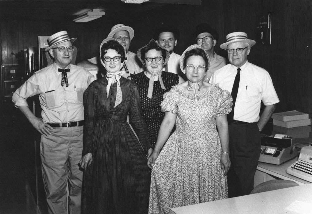 Businesses and Factories, glasses, Iowa History, Iowa, centennial, anniversary, office, typewriter, Ogden, IA, Labor and Occupations, Boehm, Pam, Entertainment, hats, bonnets, Leisure, history of Iowa