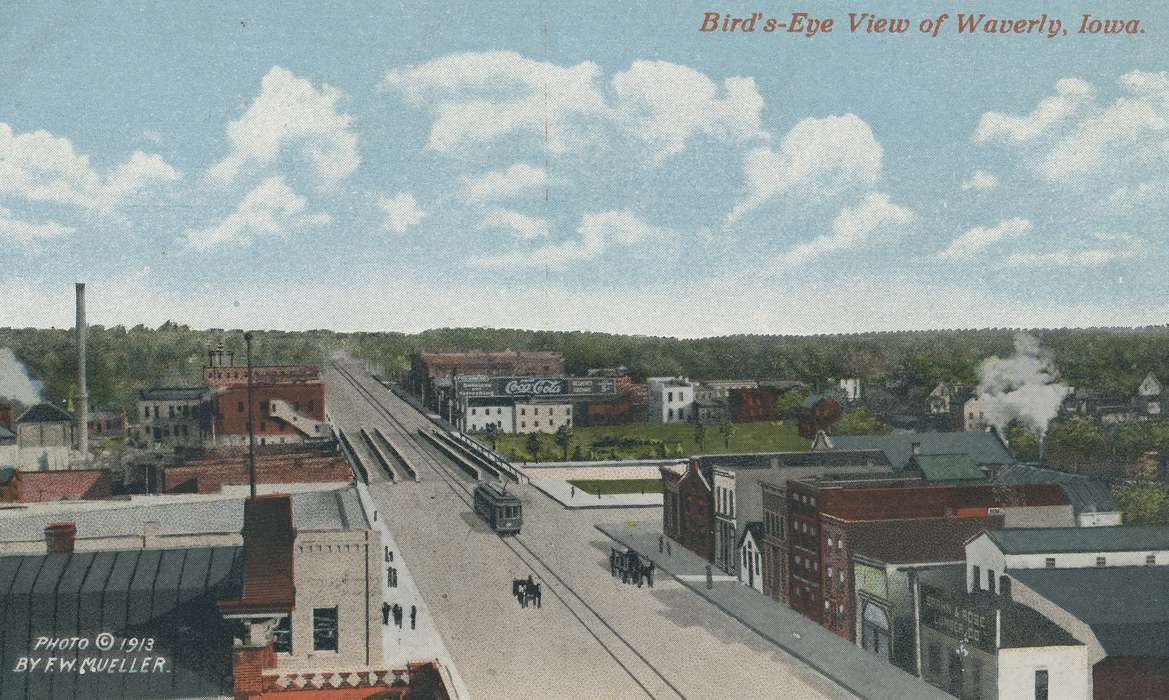 Main Streets & Town Squares, history of Iowa, Iowa History, Meyer, Sarah, Motorized Vehicles, Businesses and Factories, Animals, downtown, brick building, Waverly, IA, Aerial Shots, trolley, Iowa, Cities and Towns