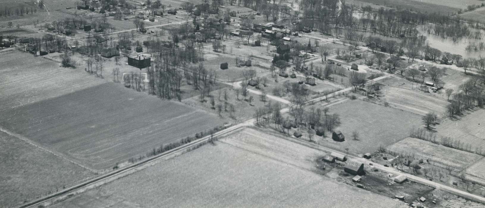 Aerial Shots, history of Iowa, Frederika, IA, Iowa, field, correct date needed, building, Waverly Public Library, Iowa History, tree, road