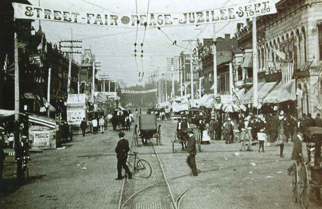 history of Iowa, Iowa History, children, woman, bicycle, Civic Engagement, horse carriage, american flag, Fairs and Festivals, man, Iowa, Cities and Towns, Olsson, Ann and Jons, Waterloo, IA, horse