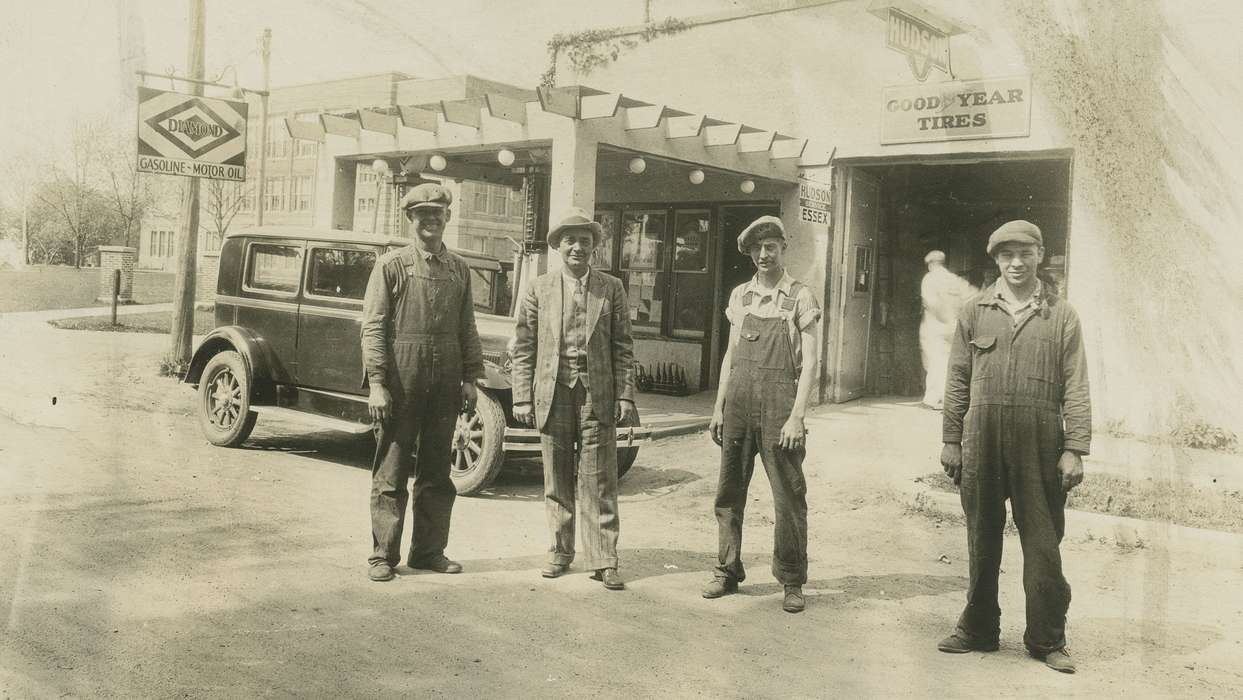 history of Iowa, Iowa History, Motorized Vehicles, repair shop, car, overalls, Dean, Shirley, Iowa, Grandview, IA